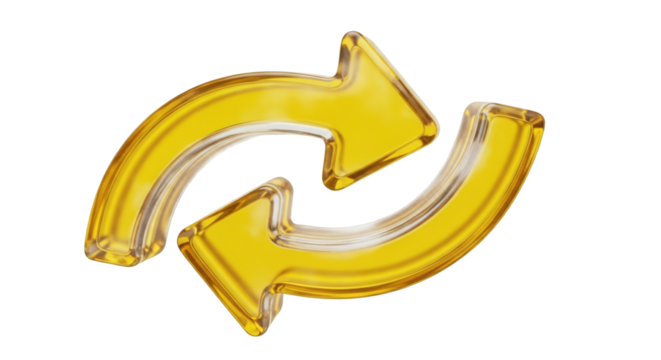 3D icon of two curved arrows in glossy translucent yellow, glassmorphism style, dynamic flow motion, isolated on transparent background