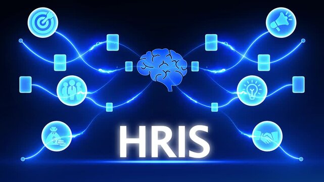  Glowing HRIS Acronym Connected to Brain and Business Icons on Dark Background HRIS human resources information system