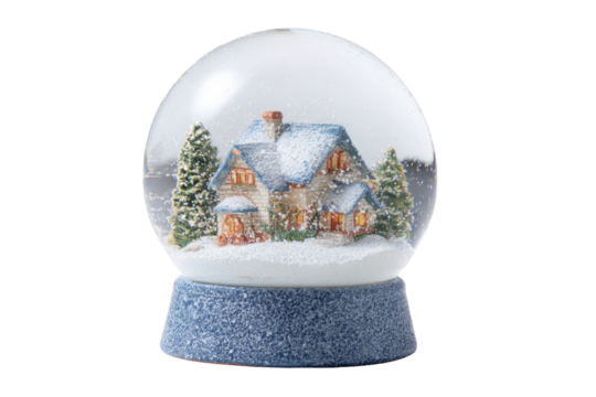 A festive snow globe featuring a cozy, snow-covered miniature house nestled among pine trees on a snowy base, ready for winter holidays. background removed