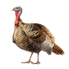 A majestic wild turkey stands, displaying rich brown feathers, a prominent red wattle, and blue-gray head against a green backdrop. background removed