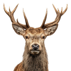 A majestic red deer stag with impressive antlers gazes directly forward, isolated on a solid transparent background. background removed