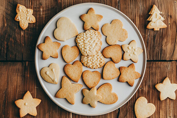 Homemade Christmas cookies on wooden table