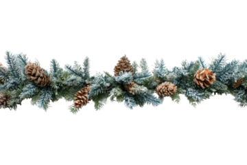 A beautiful frosted artificial pine garland with realistic brown pinecones, perfect for winter and Christmas holiday decorations, presented on a solid transparent background. background removed