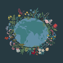 Earth illustration with wild flowers, environment protection concept