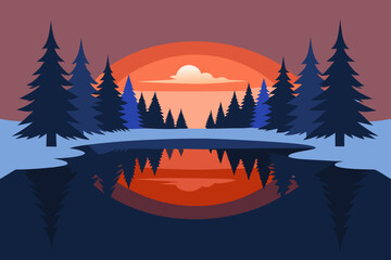 Sunrise in the mountains and sunset in the forest with a winter landscape of snow, pine trees, and a sparkling snowflake illustration for a Christmas celebration card design