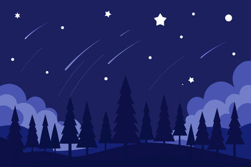 Dark blue city silhouette landscape with stars and a moon in the night sky