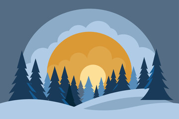 A beautiful winter mountain landscape with a forest of trees under a clear sky, blanketed in fresh snow