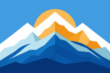 Blue sky mountain landscape vector illustration with snow and sun