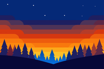 Vector illustration of a mountain landscape with trees under a starry night sky