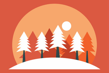 Vector illustration of an autumn forest landscape with Christmas snow, winter trees, and a starry night sky design, perfect for a holiday season card decoration