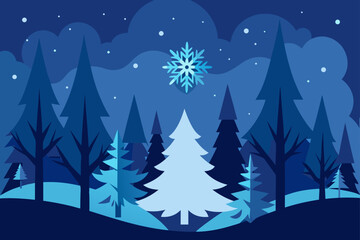 A beautiful Christmas landscape illustration of a snowy winter forest with pine trees under a cold blue sky for a holiday card design