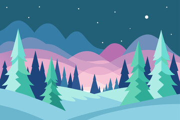 Blue vector winter night landscape illustration with snow, trees, and holiday stars
