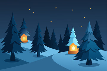 A magical Christmas night landscape of a tree in a snowy forest, perfect for a holiday card illustration