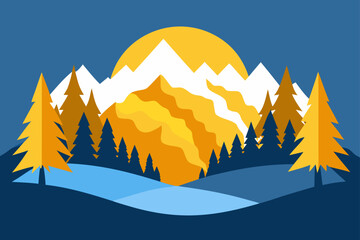Vector winter mountain landscape illustration with snow, trees, and sky