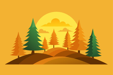 A vector illustration of a cold winter landscape with snow covered pine trees and mountains for a Christmas holiday card design