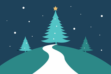 A beautiful winter landscape with pine trees and snow, featuring a festive Christmas tree under the night sky, perfect for a holiday card design or illustration
