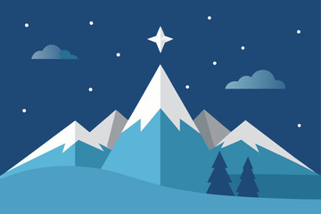Vector winter mountain landscape illustration with snow, trees, and a cozy house under a night sky perfect for a Christmas or holiday card scene