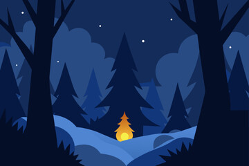 Vector illustration of a cold winter night forest landscape with Christmas trees and falling snow