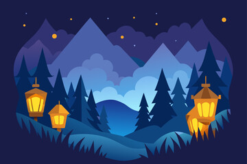 A vector illustration of a dark night landscape with a castle and a house silhouette under a moonlit sky