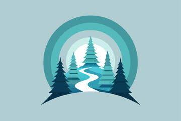 Winter holiday Christmas tree vector illustration with snow on a blue background for a celebration card design