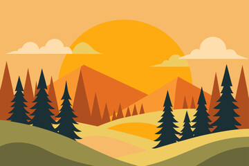 Vector landscape of a winter forest with pine trees, snow, mountains, and a cold sky at sunrise