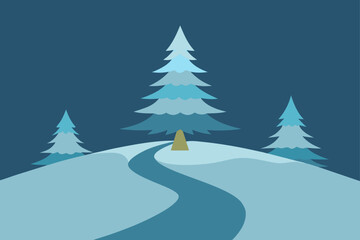 A beautiful blue sky winter landscape scene of a snow-covered road leading through a pine forest, perfect for a Christmas holiday card design