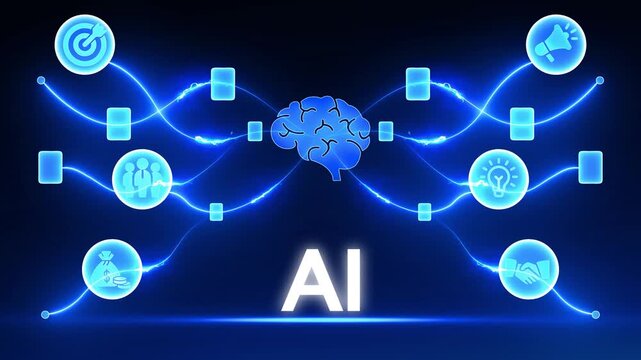 Digital network connecting brain icon to AI text with business icons and glowing blue lines artificial intelligence - Powered by Adobe