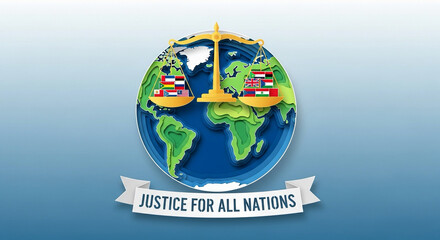 3D paper-cut earth with balance scale hovering above — justice for all nations.