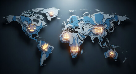 Paper cut world map with glowing justice icons — global human rights awareness.