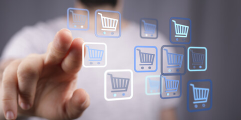 Person interacting with virtual shopping cart icons. Concept of online shopping, e-commerce, digital retail, and purchasing. Represents choices,