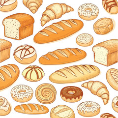 Seamless pattern of delicious baked goods including bread croissants and donuts with artistic watercolor illustration