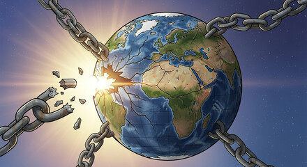 Illustration of globe with broken chains — symbol of freedom from oppression.
