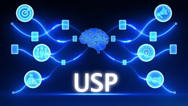 Unique selling proposition concept with USP text and interconnected icons representing strategy finance communication and ideas