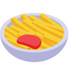 Crispy Golden French Fries Served With A Dollop Of Bright Red Ketchup In A Light Purple Bowl Isolated On A Transparent Background