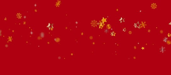 Christmas background with golden stars and snowflakes on a vibrant red backdrop perfect for holiday designs and celebrations.