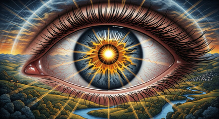 Illustration of a sunrise over an open eye — awakening to the truth.