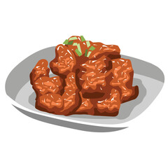 Crispy Fried Chicken Pieces Coated in Sweet and Spicy Glaze Garnished with Chopped Green Onions on a White Plate with a Transparent Background