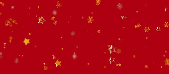 Holiday background featuring red color, gold stars, snowflakes falling. Perfect for Christmas, New Year, celebrations, promotions, and invitatio