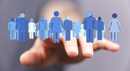 Abstract image of a hand pointing to a group of human figures. The image evokes concepts like...