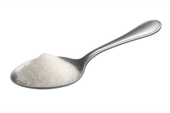 Spoon full of white sugar crystals on transparent background
