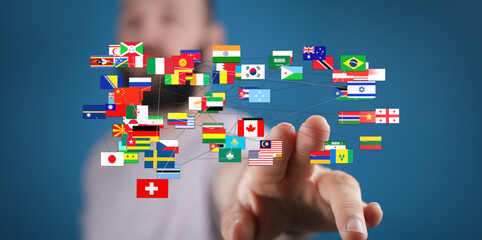 Conceptual image of global networking and international relations. Hand reaching out to connect...