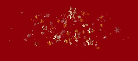 Christmas and holiday background with golden stars and snowflakes on a vibrant red backdrop. Perfect for seasonal designs, greetings and more. © vegefox.com