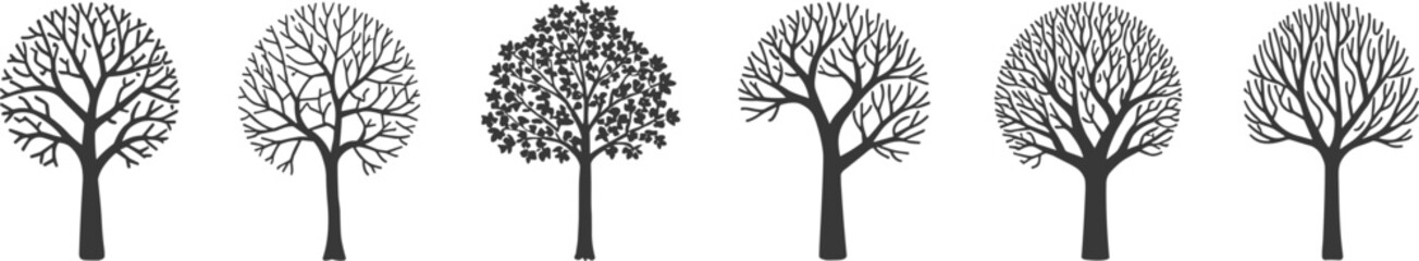 Fototapeta premium Stylized tree silhouettes, bare branches, leafy canopy, seasonal nature illustration, abstract forest design, botanical art, ecology concept, decorative landscape element