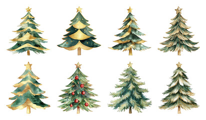 Fototapeta premium PNG Elegant watercolor Christmas trees, element set on transparent background