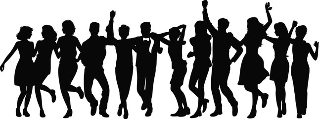 Silhouette group dancing celebration, joyful people party movement, energetic crowd happiness, festive dance event, social gathering fun, unity expression art