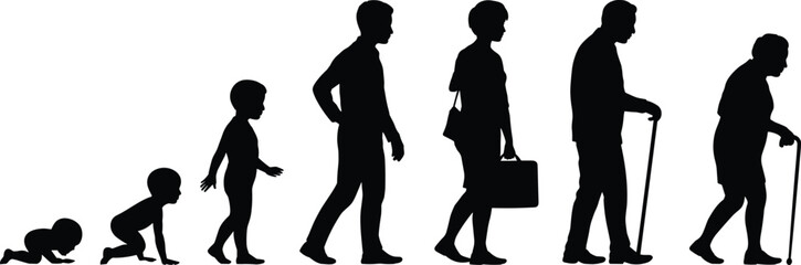 Human life cycle silhouettes, baby to elderly, growth stages, aging process, evolution of man, generational concept, family, timeline, development, journey