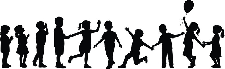 Silhouette children playing, happy kids group, childhood fun, outdoor activity, friendship, teamwork, joy, balloon, running, jumping, clapping, waving, holding hands