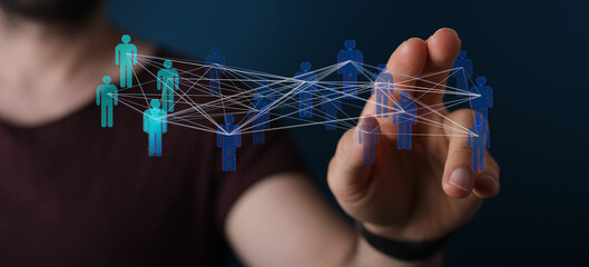 Abstract image showing a hand interacting with a digital network, emphasizing concepts of...