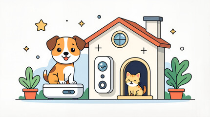 Kawaii vector illustration of a smart pet monitoring system, showing a dog and cat in a cozy home, minimalistic design, pet care concept.