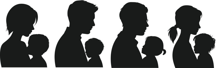 Silhouette parents holding children, family love, nurturing bond, father and mother with kids, parenting care, parental affection, childhood connection, togetherness